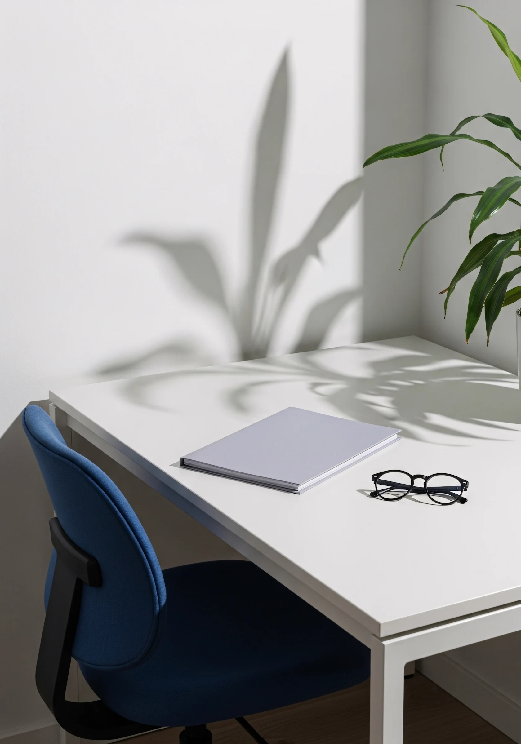 White desk with a closed book and black eyeglasses, next to a blue office chair and a potted plant casting shadows on the wall.